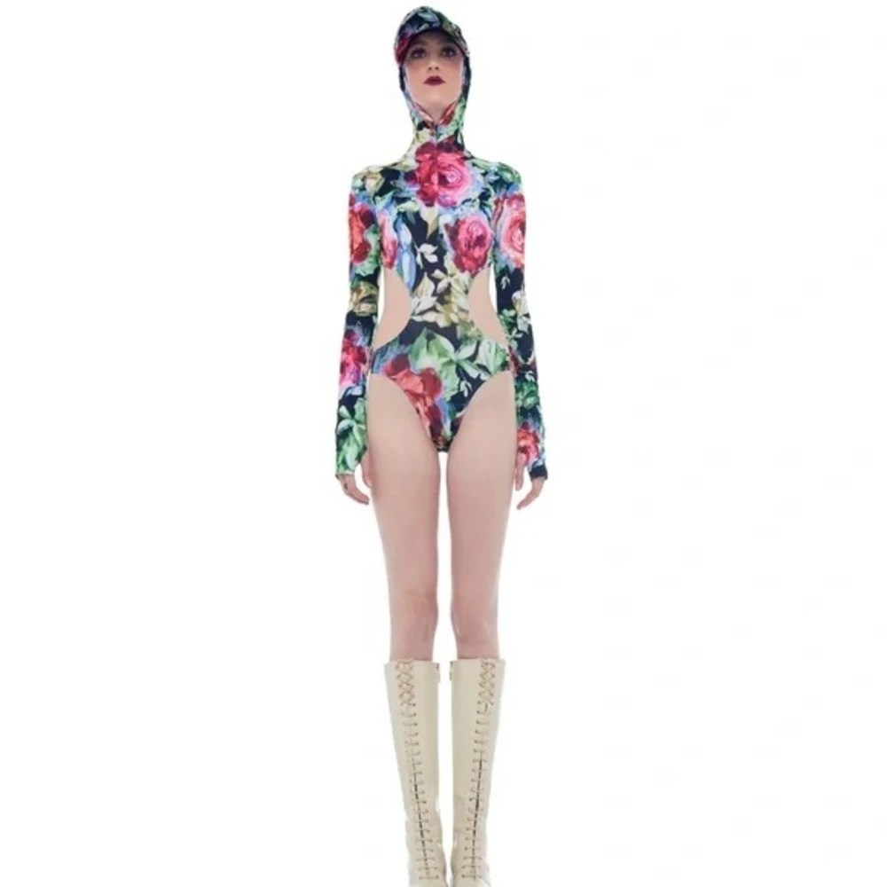 Norma Kamali hooded floral bodysuit suit swim size L Large pink green resort